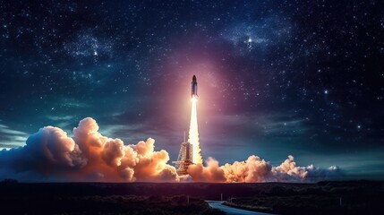 Spaceship majestically launched into the sky. - obrazy, fototapety, plakaty