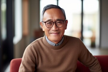 Portrait of smiling mature man in eyeglasses sitting in cafe
