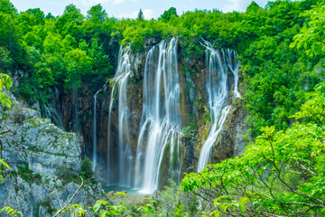 Detailed view of the beautiful waterfalls in Plitvice National Park, Croatia. A UNESCO natural world heritage and famous travel destination of Croatia.