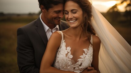 Naklejka premium The moment when a newly married couple looks at each other happily.