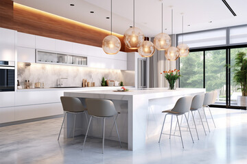 Interior of modern kitchen with white walls, tiled floor, white countertops and wooden bar with stools. 3d rendering