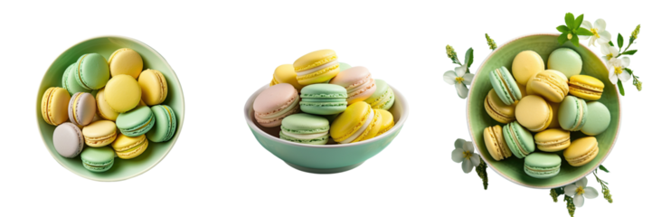 Green and yellow macarons on a saucer with a monochromatic pastel backdrop