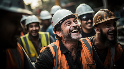 Memoir about a team of construction workers, their smiles and friendship at the construction site. - obrazy, fototapety, plakaty
