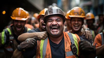 Memoir about a team of construction workers, their smiles and friendship at the construction site. - obrazy, fototapety, plakaty