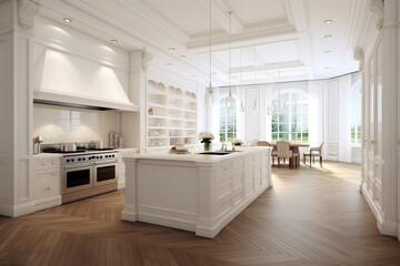 3d rendering white modern kitchen in a classic style with wood floor
