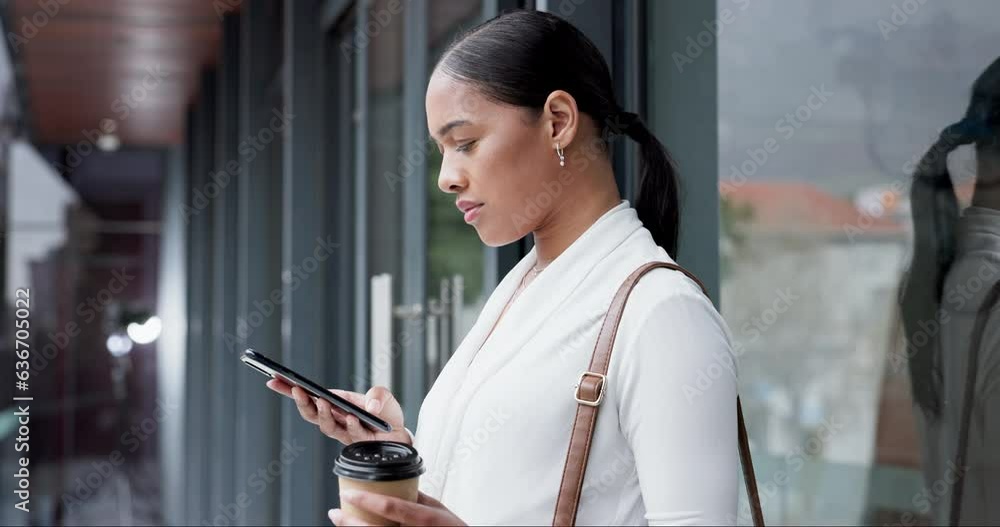 Poster Coffee, phone and business woman in city on morning commute for work, career and job. Happy, professional and person on tea break typing on smartphone for social media, networking and online chat