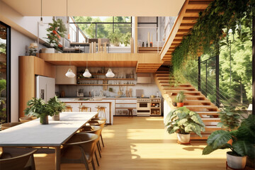 Interior of modern kitchen with wooden walls, wooden floor, panoramic window and green plants.