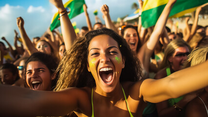 Brazilian beach soccer fans celebrating a victory 