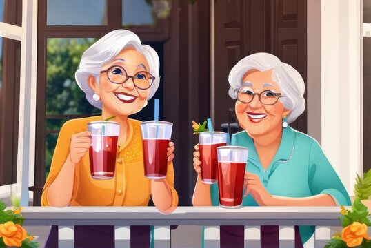 Happy positive Granddaughter and Grandmother drinking soda in porch, holding glasses, keeping healthy hydration, diet, lifestyle Cartoon style  illustration . Caring for family health, wellbeing