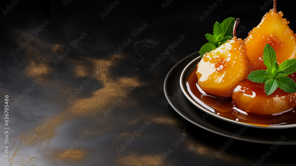 Poster caramelized pear dessert background with empty space for text
