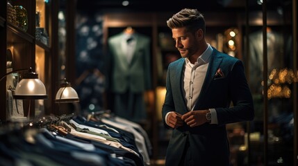 A stylish man is shopping in a modern clothing store.