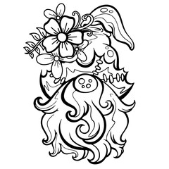 A painting of a gnome with a flower on its hat. It is a black and white striped image on a white background. It's a vector image.