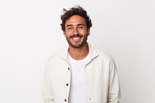 Medium shot portrait of a Brazilian man in his 20s in a white background wearing a chic cardigan