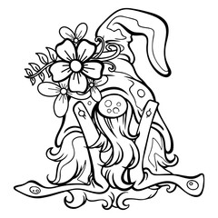 A painting of a gnome with a flower on its hat. It is a black and white striped image on a white background. It's a vector image.