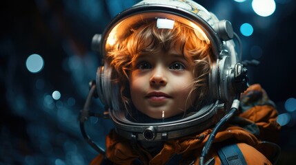 Cute little boy is dressed in astronaut suit and his eyes are full of curiosity.