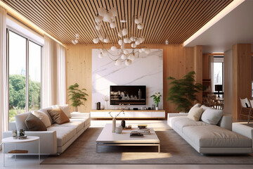 Fototapeta premium Interior of modern living room with wooden walls, wooden floor, beige sofa and coffee table