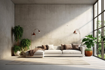 Interior with sofa and plants 3d render illustration mock-up
