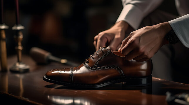 Bride and Groom trying on shoes, shoes for the wedding party, preparing for the wedding, formal shoes, heels, men's shoes - created with generative AI technology