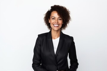 Medium shot portrait of a Brazilian woman in her 40s in a white background wearing a sleek suit