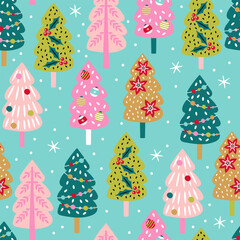 Seamless pattern for Christmas holiday with cute Christmas trees. Childish background for fabric, wrapping paper, textile, wallpaper and apparel