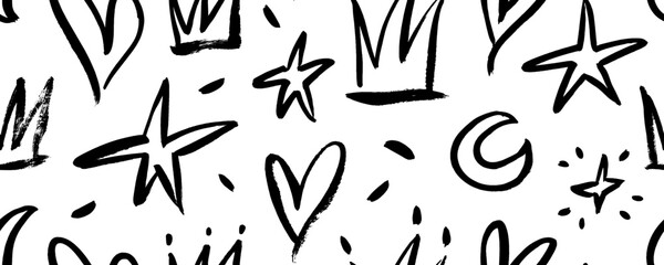 Childish seamless design banner with doodle crowns, hearts, stars and moons. Basic abstract childish shapes drawn with a brush or pencil. Creative trendy seamless pattern. Decorative dot elements.