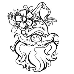A painting of a gnome with a flower on its hat. It is a black and white striped image on a white background. It's a vector image.