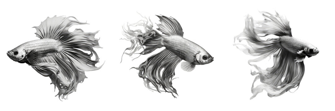 Black and white betta fish swimming and looking forward on transparent background