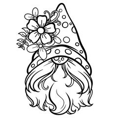 A painting of a gnome with a flower on its hat. It is a black and white striped image on a white background. It's a vector image.