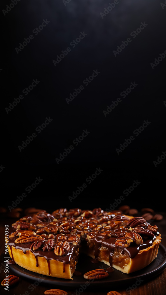 Poster pecan pie slices background with empty space for text