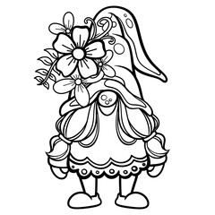 A painting of a gnome with a flower on its hat. It is a black and white striped image on a white background. It's a vector image.