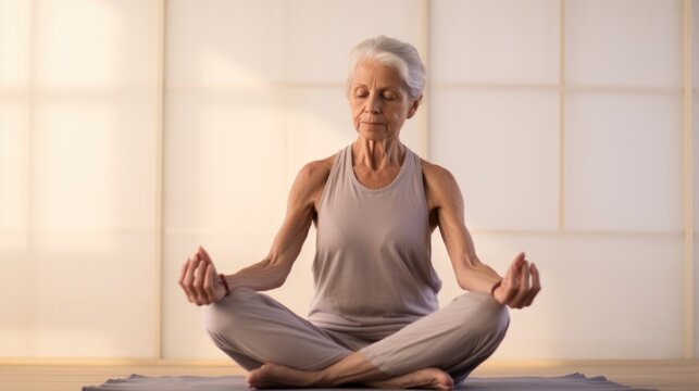 Elderly woman in lotus position meditation at home while sitting on yoga mat on floor, full length. Calm old lady practicing meditation techniques and yoga indoors. AI photography. .