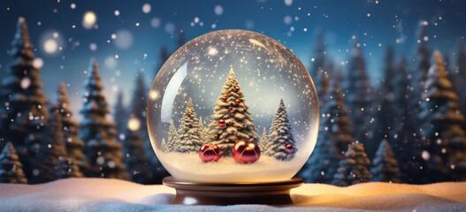 Fototapeta na wymiar Snowy landscape inside decorative snowglobe. Concept of festive winter.
