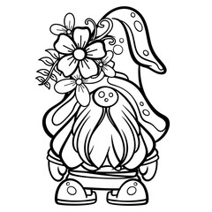 A painting of a gnome with a flower on its hat. It is a black and white striped image on a white background. It's a vector image.