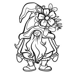 A painting of a gnome with a flower on its hat. It is a black and white striped image on a white background. It's a vector image.