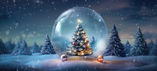 Christmas tree surrounded by snow in captivating snow globe. Concept of seasonal happiness.
