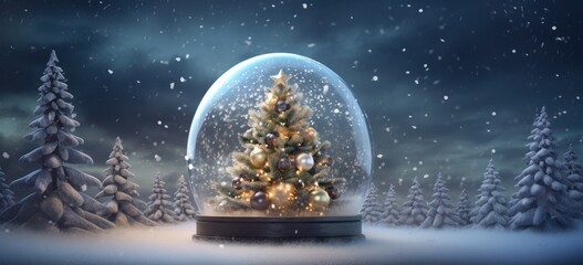 Delightful snow globe capturing Christmas tree in snowy scenery. Concept of festive wonder.