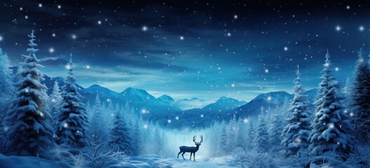 Serene snow-covered fir trees with paper cut-out deer. Christmas banner under starlit sky.