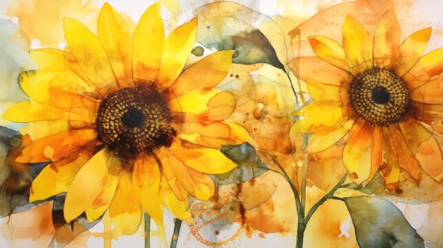 Autumn sunflowers beautiful bouquet. Modern watercolor floral art design. AI botanical illustration for weddings, invitations, greeting cards, print.