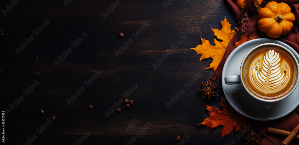 Poster spiced pumpkin latte background with empty space for text