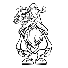 A painting of a gnome with a flower on its hat. It is a black and white striped image on a white background. It's a vector image.