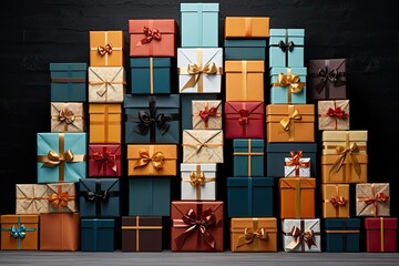 Big stack of colorful Christmas presents   christmas gift boxes