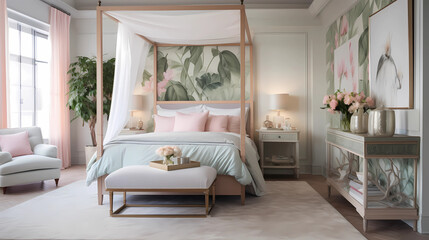 bedroom with soft pastel tones and vintage charm