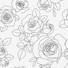 Seamless pattern with line art roses. Beautiful blossoming hand drawn flower with bud on white background. Abstract wallpaper. Vector stock illustration	 - 636708095