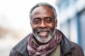 Fototapeta premium Lifestyle portrait of a Nigerian man in his 50s in a white background wearing a charming scarf