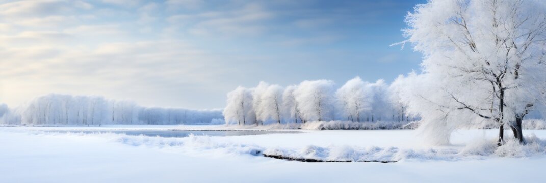 Snowy landscape at sunny day, frozen trees in winter, blue sky, banner. Generative ai