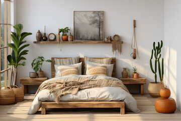 Stylish bright bedroom interior with posters above the bed and indoor plants. Generative AI