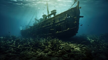 A sunken ship at the bottom of the dark depths of the ocean. Created using generative AI technology.