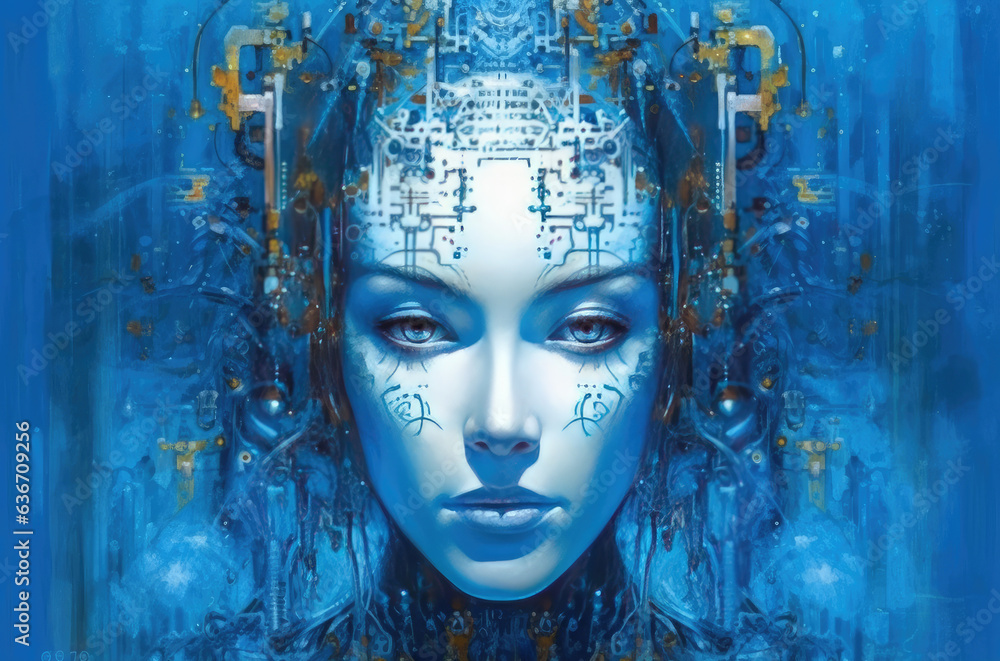 Poster view of female robot with wires inside of head.portrait of a female android robot.artificial intelli