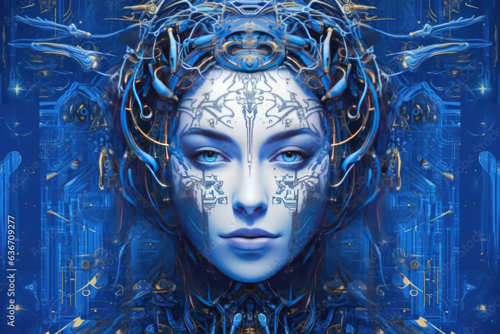Poster view of female robot with wires inside of head.portrait of a female android robot.artificial intelli