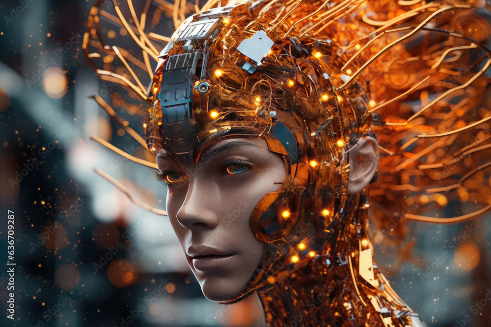 Poster view of female robot with wires inside of head.portrait of a female android robot.artificial intelli